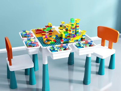 Kids Play Table with Building Blocks and Orange Back Chairs Blue Legs 3d model