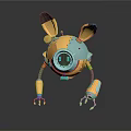 3D Robot Character With Yellow Blue Mechanical Ears Round Body And Digital Eyes