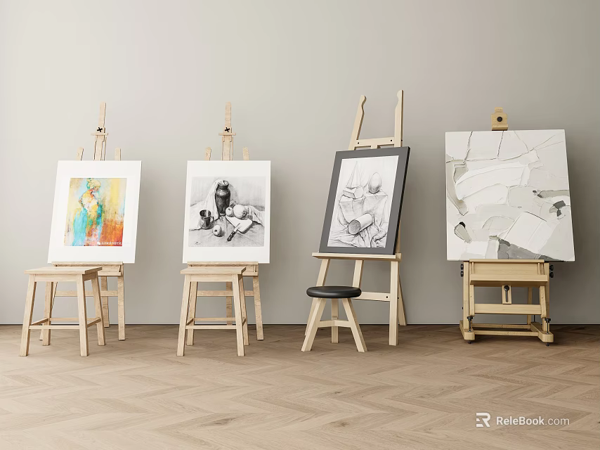 Wooden Easels Displaying Artworks on Canvas in Bright Room with Light Wall and Wooden Floor 3d model 