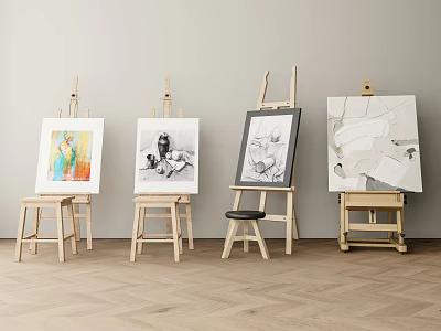 Wooden Easels Displaying Artworks on Canvas in Bright Room with Light Wall and Wooden Floor 3d model