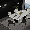 Modern Restaurant With Marble Dining Table Gray Chairs Open Kitchen Black Cabinets And City View