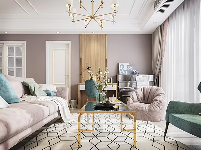 Modern Elegant Living Room Interior With Pink Sofa Green Armchair Gold Coffee Table And Wooden Accent Wall 3d model