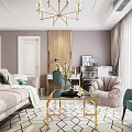 Modern Elegant Living Room Interior With Pink Sofa Green Armchair Gold Coffee Table And Wooden Accent Wall