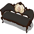 Classic Two Seater Sofa With Carved Wooden Frame Dark Upholstery And Floral Decorative Pillow