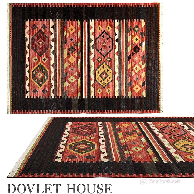 Traditional Ethnic Square Rug With Geometric Diamond Patterns Red Yellow Black Colors And Fringe Details 3d model 