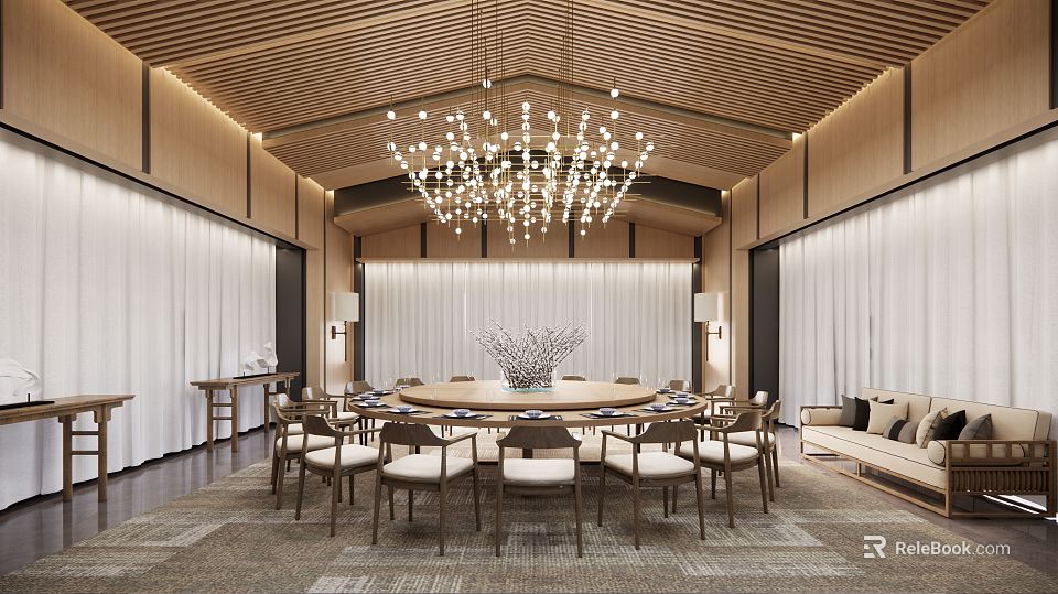 Elegant Private Dining Room Interior With Round Table Chandelier And Soft Curtains 3d model 