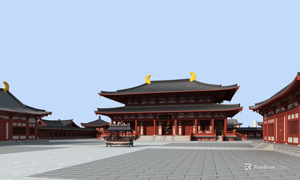 Traditional Chinese Ancient Architecture With Red Structure Black Roof Yellow Crescent Decorations And Stone Courtyard 3d model 