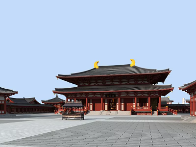 Traditional Chinese Ancient Architecture With Red Structure Black Roof Yellow Crescent Decorations And Stone Courtyard 3d model