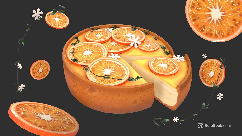 Fresh Orange Cheesecake Decorated With Sliced Oranges White Flowers And Green Leaves 3d model 