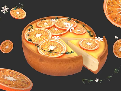 Fresh Orange Cheesecake Decorated With Sliced Oranges White Flowers And Green Leaves 3d model