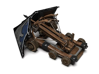 Ancient Wooden Wheeled Siege Weapon with Catapult Structure for Medieval Warfare 3d model