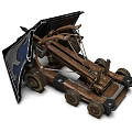 Ancient Wooden Wheeled Siege Weapon with Catapult Structure for Medieval Warfare