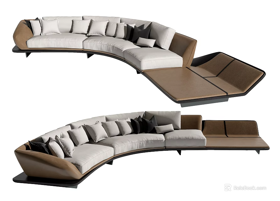 Curved Sectional Sofa With White And Brown Plush Cushions Modern Interior Design 3d model 