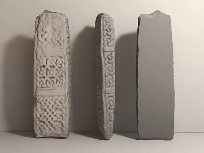 Three Stone Sculpture Carving With Intricate Celtic Knot Geometric Designs And Unfinished Block 3d model
