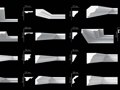 Different Gypsum Cornice Styles With Decorative Patterns And Sizes For Interior Design 3d model