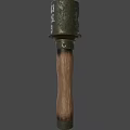 Military Weapon With Wooden Handle Metal Casing And Warning Text Inscription For Combat
