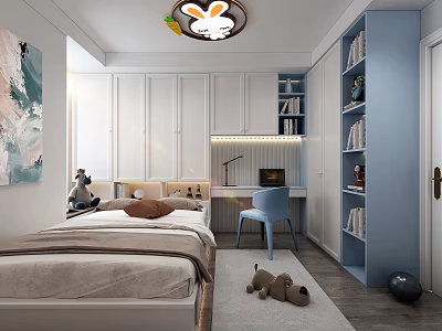 Modern Tatami Bedroom Interior Design With Bed Desk Bookshelf And Storage Cabinets 3d model