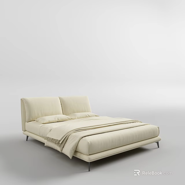 Modern Double Bed With Upholstered Headboard Pillows And Beige Bedding 3d model