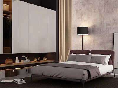 Modern Double Bed With Purple Headboard Gray Duvet Pillows White Wardrobe And Textured Wall 3d model