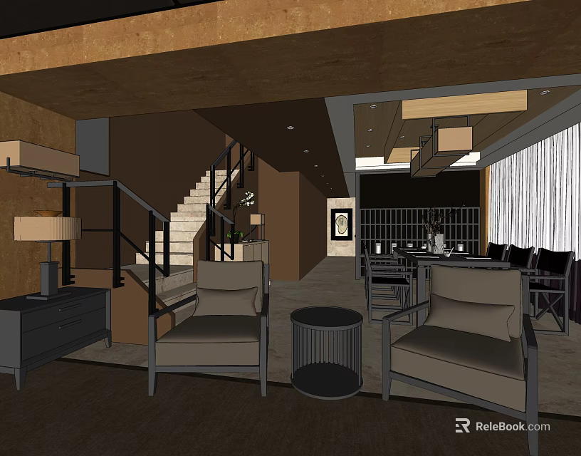 Modern Restaurant Interior With Staircase Comfortable Sofas Dining Tables Chairs And Curtains 3d model
