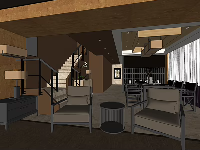Modern Restaurant Interior With Staircase Comfortable Sofas Dining Tables Chairs And Curtains 3d model