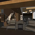 Modern Restaurant Interior With Staircase Comfortable Sofas Dining Tables Chairs And Curtains 3d model