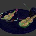 Decorative Violins With Green Pink Details On Blue Circular Platform And Arrow