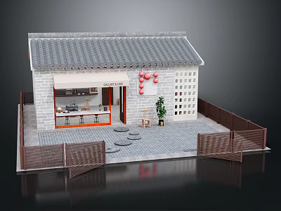 Cartoon Style Traditional Building Scene With Red Lanterns Open Kitchen Wooden Fence And Stone Path 3d model