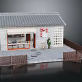 Cartoon Style Traditional Building Scene With Red Lanterns Open Kitchen Wooden Fence And Stone Path