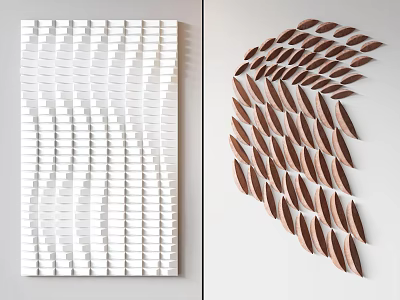 White and Brown Wall Decor with Geometric Wave and Feather Shaped Design Patterns 3d model