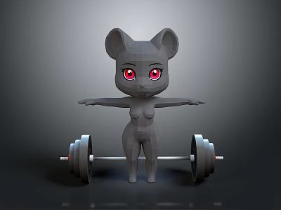 Gray Cartoon Mouse 3D Model With Red Eyes Big Ears And Barbell 3d model