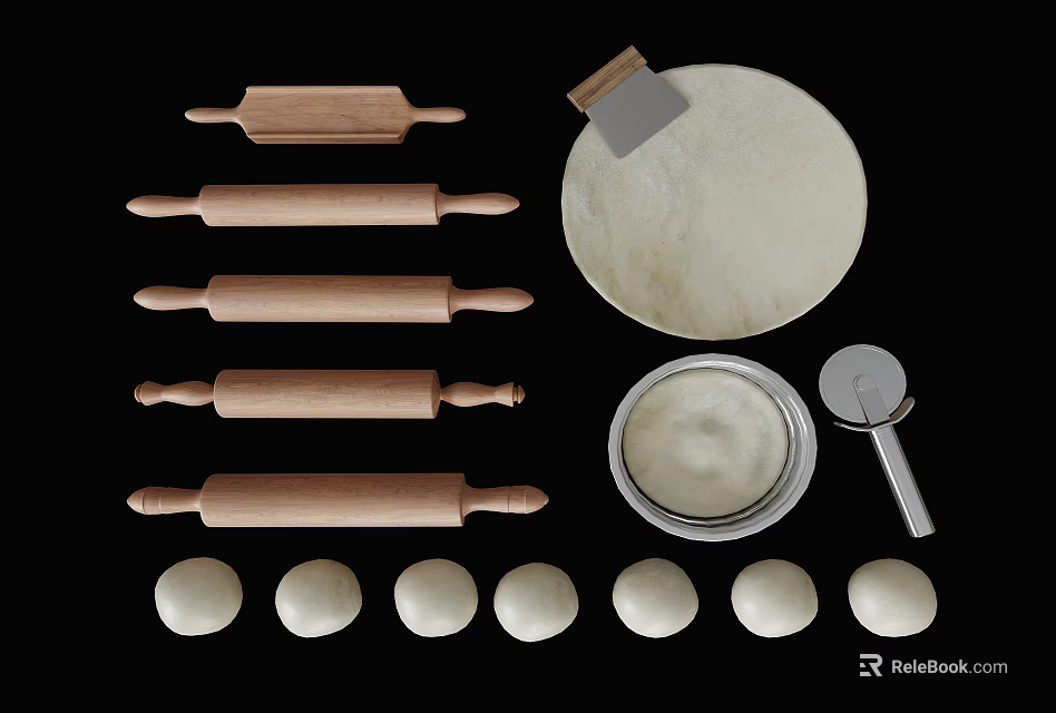 Baking Tools with Wooden Rolling Pins Flour Dough Sieve and Small Dough Balls 3d model 