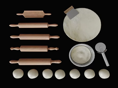 Baking Tools with Wooden Rolling Pins Flour Dough Sieve and Small Dough Balls 3d model