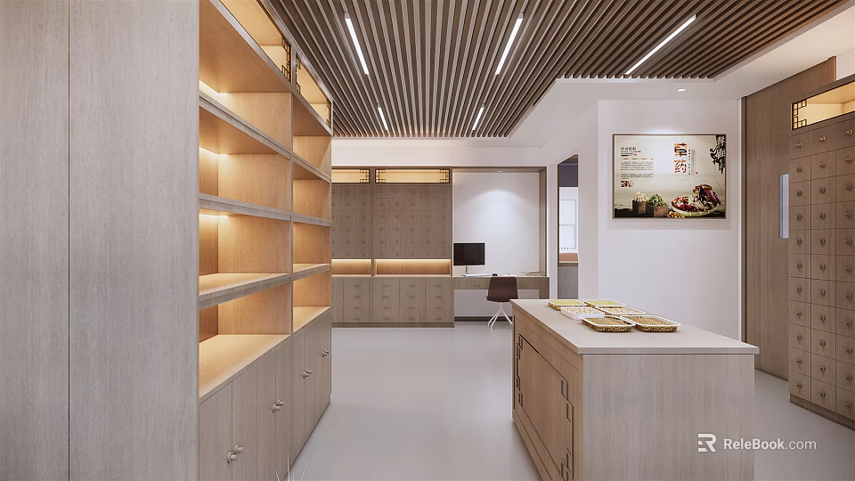 Modern Open Workspace With Wooden Shelves Ceiling Lights Workbench And Decorative Painting 3d model 