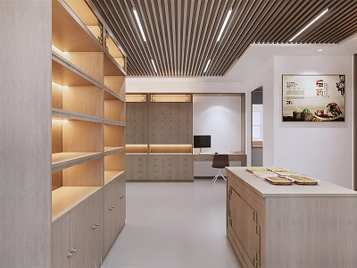 Modern Open Workspace With Wooden Shelves Ceiling Lights Workbench And Decorative Painting 3d model