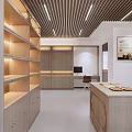 Modern Open Workspace With Wooden Shelves Ceiling Lights Workbench And Decorative Painting