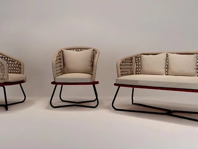 Modern Sofa Set With Woven Backrests Light Beige Cushions And Black Metal Legs 3d model