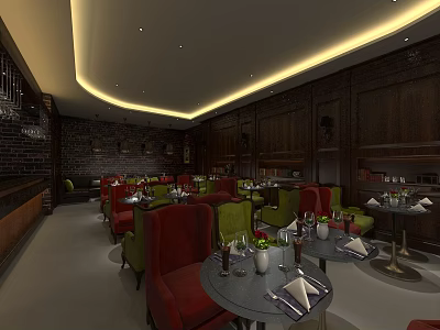 Modern Bar Interior With Red Green Chairs Round Tables And Wooden Brick Walls 3d model