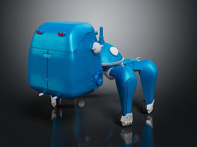 Detailed Futuristic Blue Robotic Creature With Mechanical Legs And Red Lights 3d model