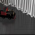 Electric Toy Train Red and Black Classic Design on Wooden Floor with White Curtains