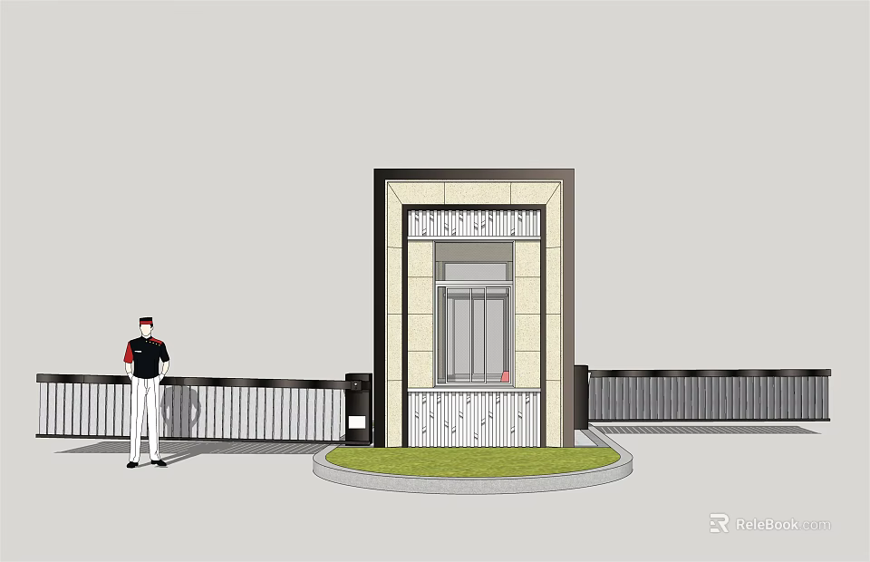 Small Modern Entrance Structure With Person Railing And Green Lawn Design 3d model 