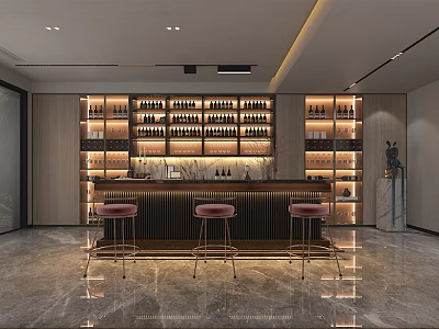 Modern Bar Area Interior With Wine Racks Bar Stools And Ambient Lighting 3d model