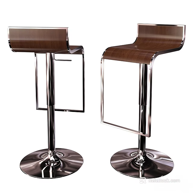 Modern Stylish Bar Stool With Wooden Seat And Metal Frame Round Base 3d model 