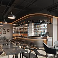 Modern Restaurant Interior With Open Bar Counter Wine Racks Tables And Chairs