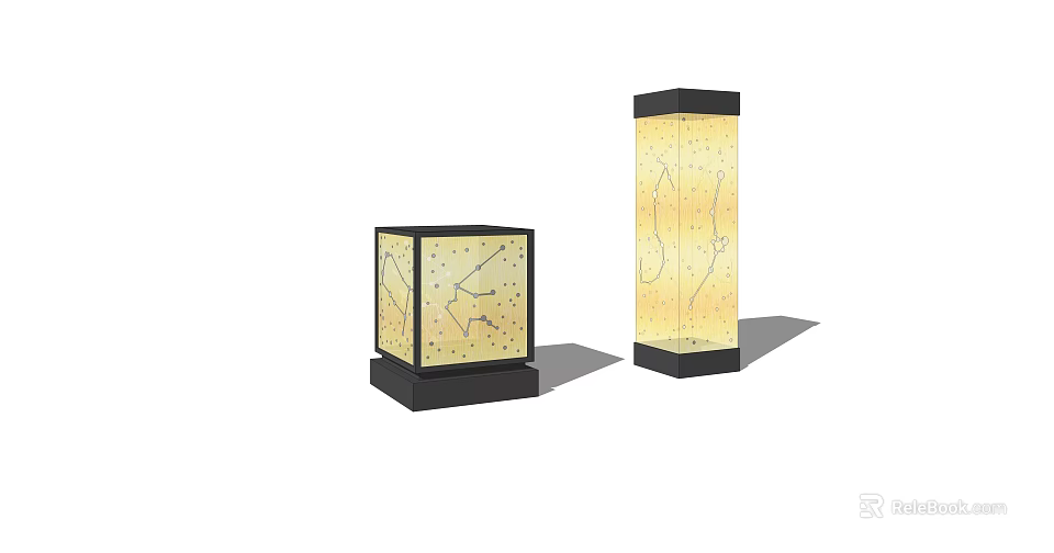 Outdoor Column Lights With Decorative Pattern Black Base And Warm Glow 3d model