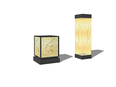 Outdoor Column Lights With Decorative Pattern Black Base And Warm Glow 3d model