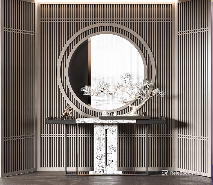 Modern Chinese Decorative Console Table With Circular Mirror Lattice Background And Branches 3d model