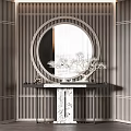 Modern Chinese Decorative Console Table With Circular Mirror Lattice Background And Branches 3d model