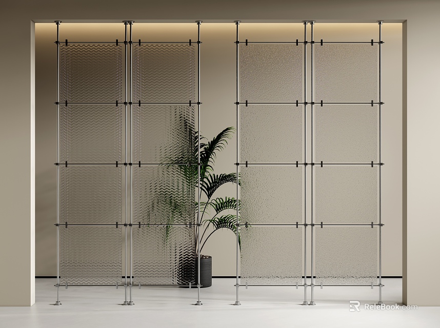 Modern Glass Partition With Metal Grid Frame And Indoor Plant In Interior Space 3d model 