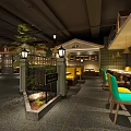Modern Restaurant Interior With Open Layout Wooden Bar Dining Tables And Warm Lights